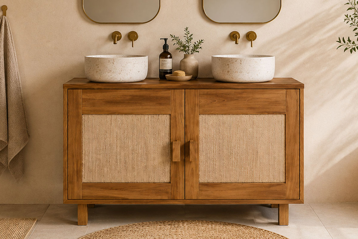 Meuble de salle de bain en bois teck massif et corde tress�e L120 cm MOSSA