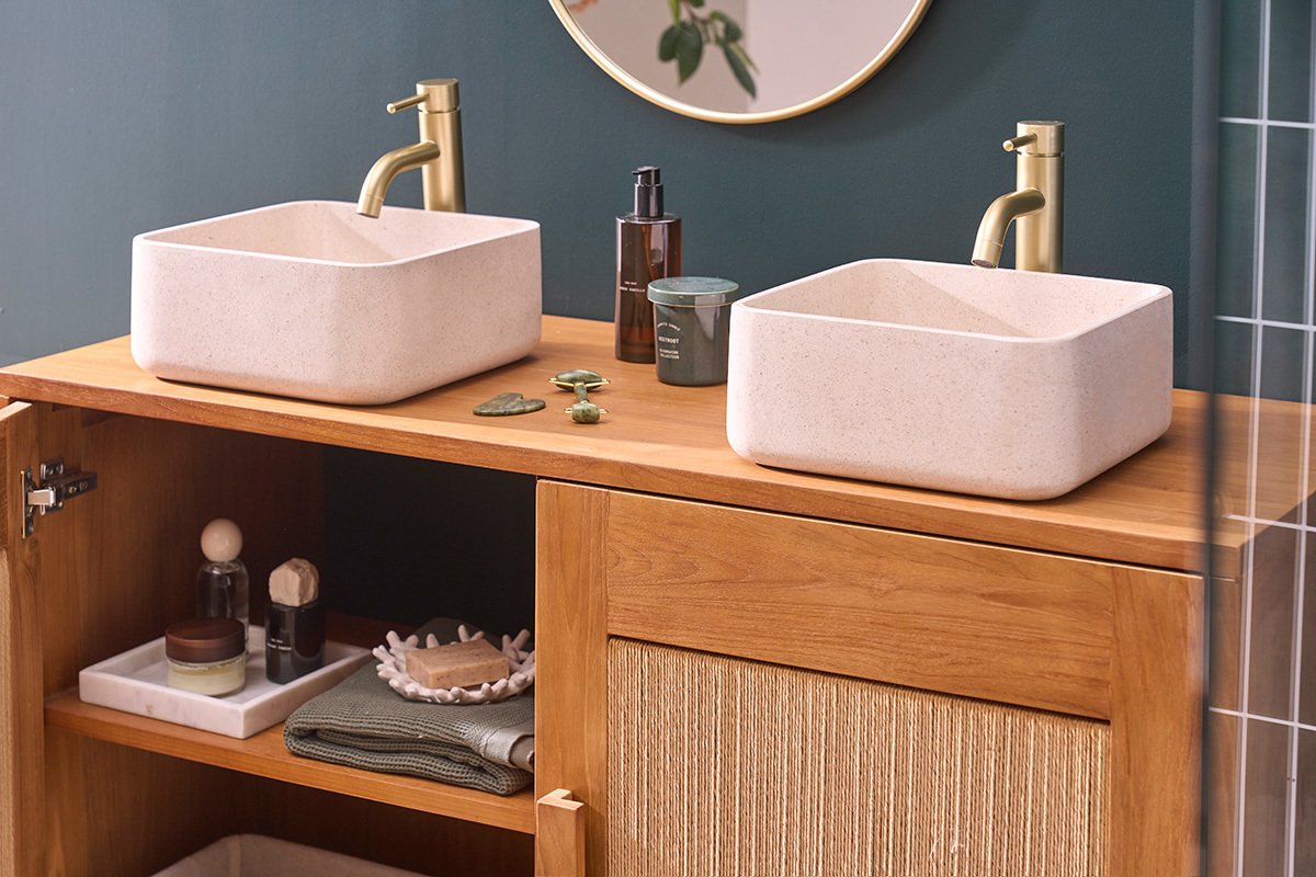 Meuble de salle de bain en bois teck massif et corde tress�e L120 cm MOSSA