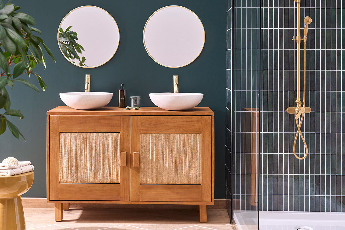 Meuble de salle de bain en bois teck massif et corde tress�e L120 cm MOSSA