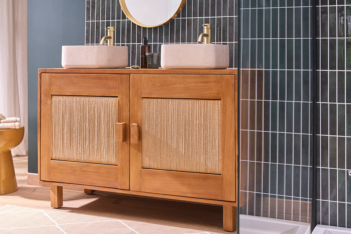 Meuble de salle de bain en bois teck massif et corde tress�e L120 cm MOSSA