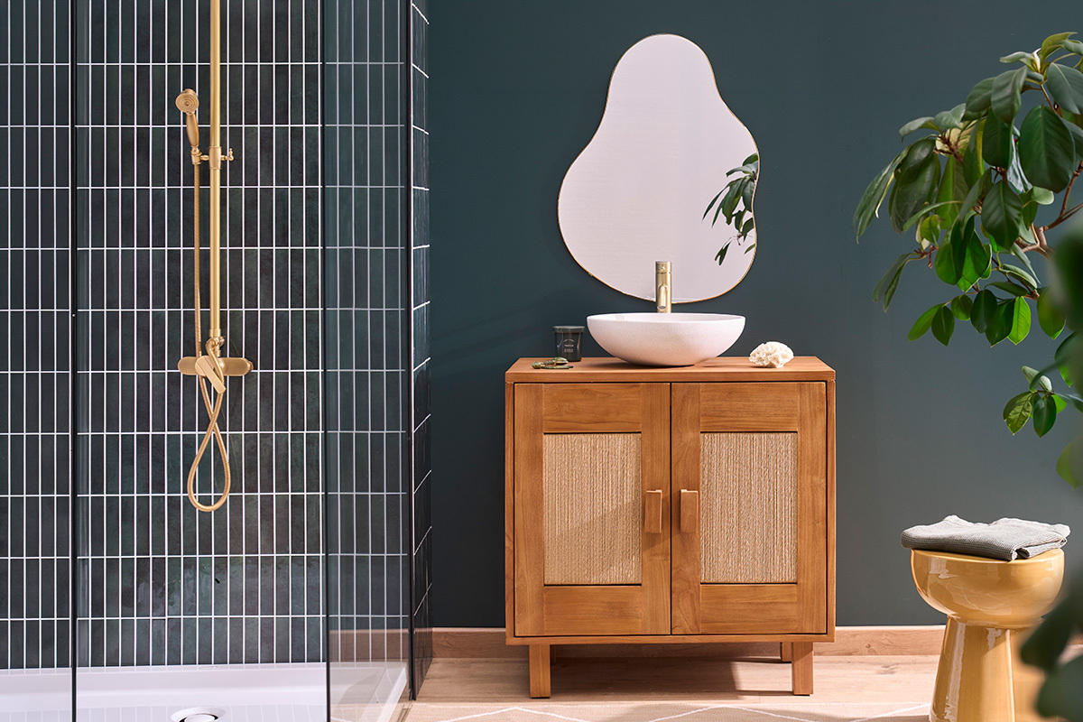 Meuble de salle de bain en bois teck massif et corde tress�e L80 cm MOSSA