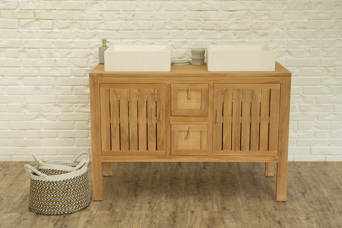 Meuble de salle de bain en teck double vasque (sans vasque) ARECA
