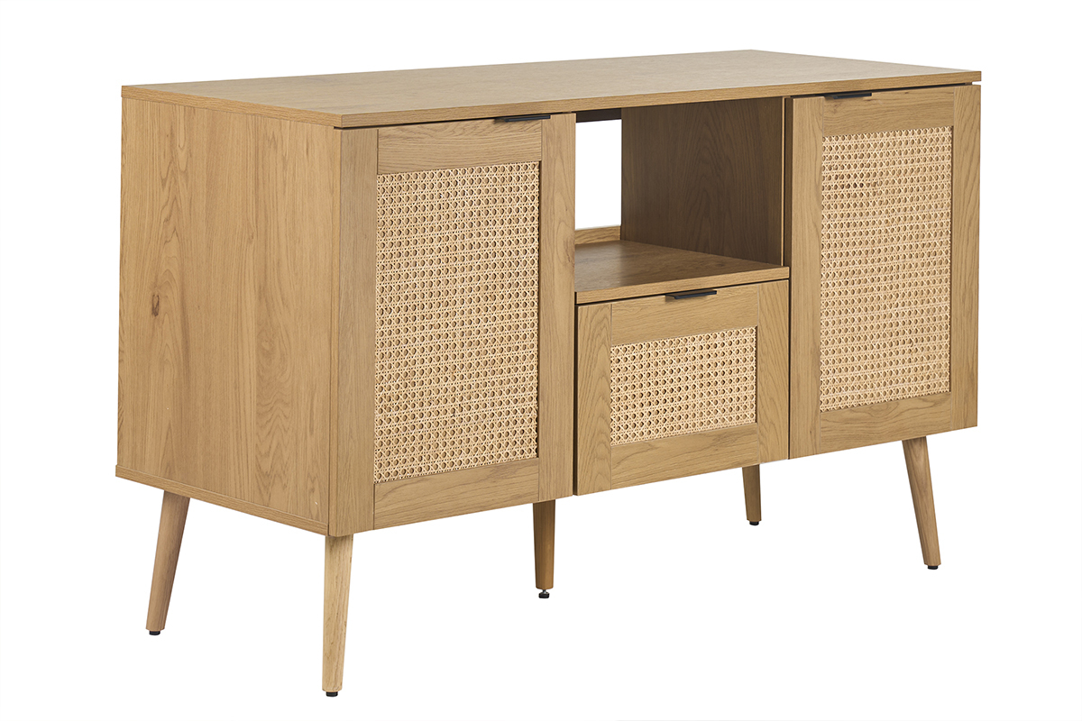 Meuble de salle de bain finition bois clair, cannage rotin et m�tal noir L120 cm MANILLE