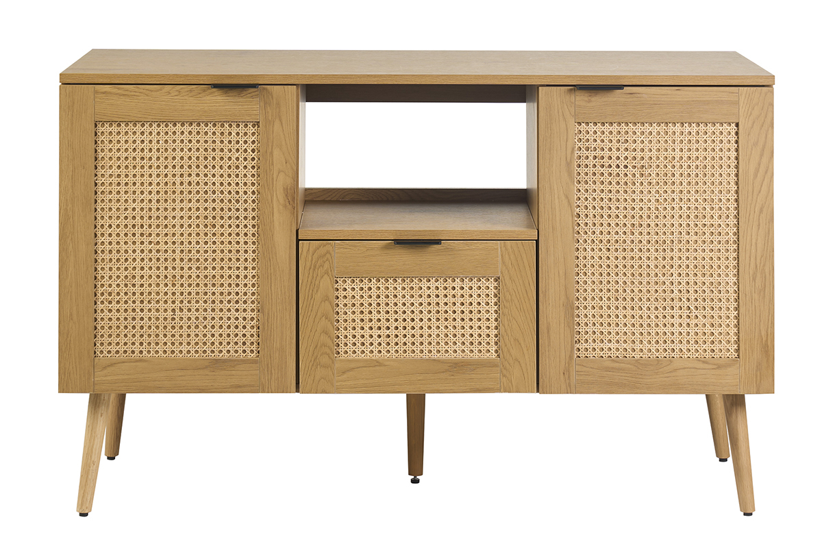 Meuble de salle de bain finition bois clair, cannage rotin et m�tal noir L120 cm MANILLE