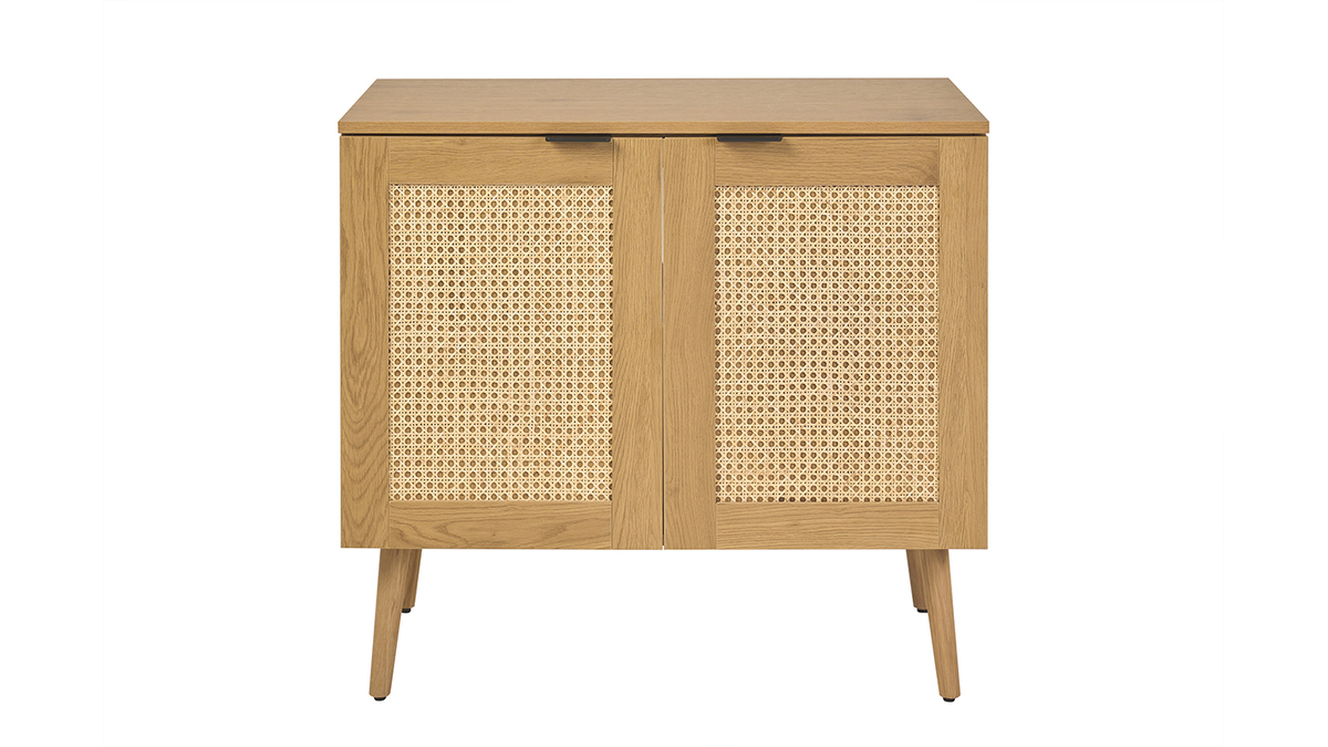 Meuble de salle de bain finition bois clair, cannage rotin et m�tal noir L80 cm MANILLE