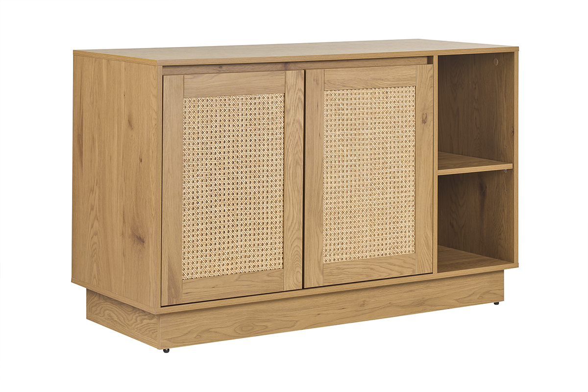 Meuble de salle de bain finition bois clair ch�ne et cannage rotin L120 cm ALICANTE