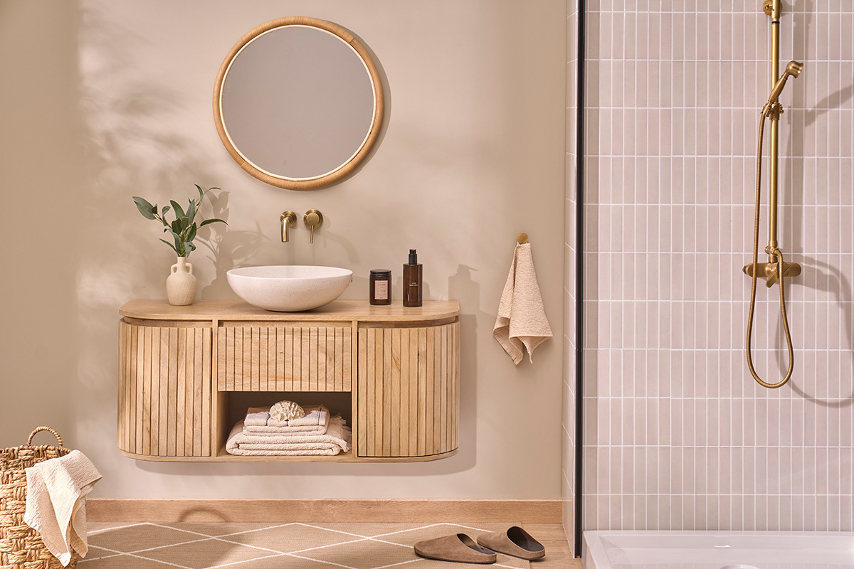 Meuble de salle de bain suspendu en bois manguier massif L110 cm BALDO