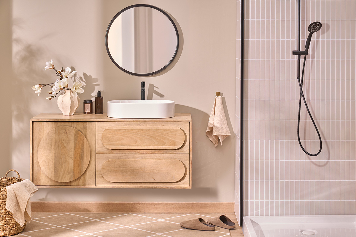Meuble de salle de bain suspendu en bois manguier massif L120 cm SLAPPA