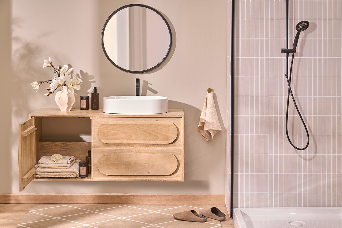 Meuble de salle de bain suspendu en bois manguier massif L120 cm SLAPPA