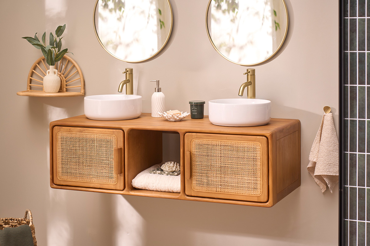 Meuble de salle de bain suspendu en bois teck massif et cannage rotin L120 cm BALIA