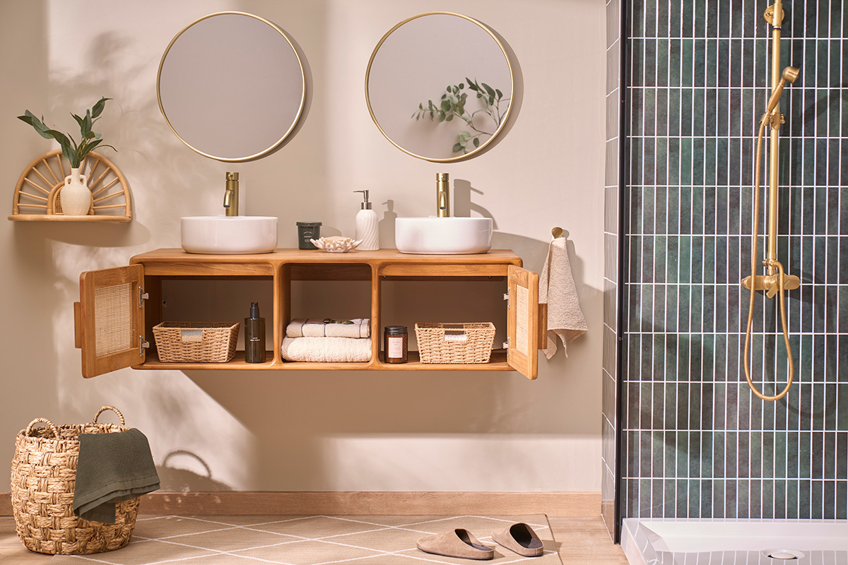 Meuble de salle de bain suspendu en bois teck massif et cannage rotin L120 cm BALIA