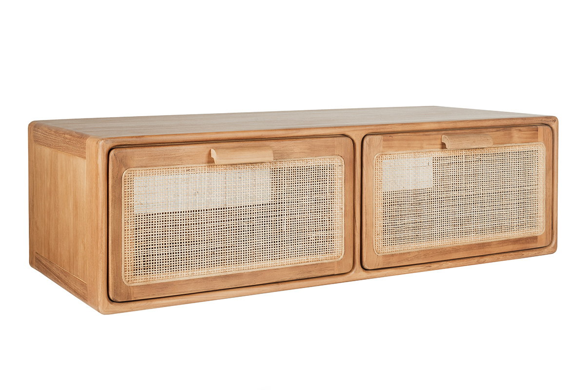 Meuble de salle de bain suspendu en bois teck massif et cannage rotin L120 cm BALIA