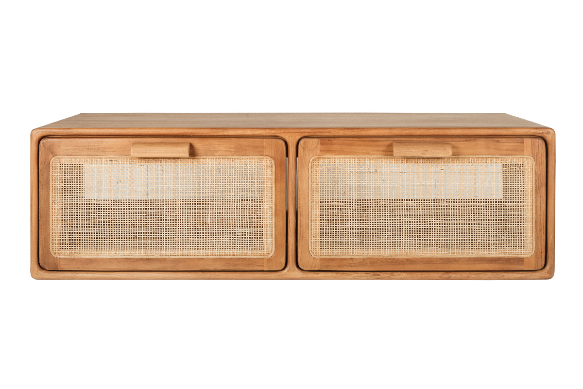 Meuble de salle de bain suspendu en bois teck massif et cannage rotin L120 cm BALIA