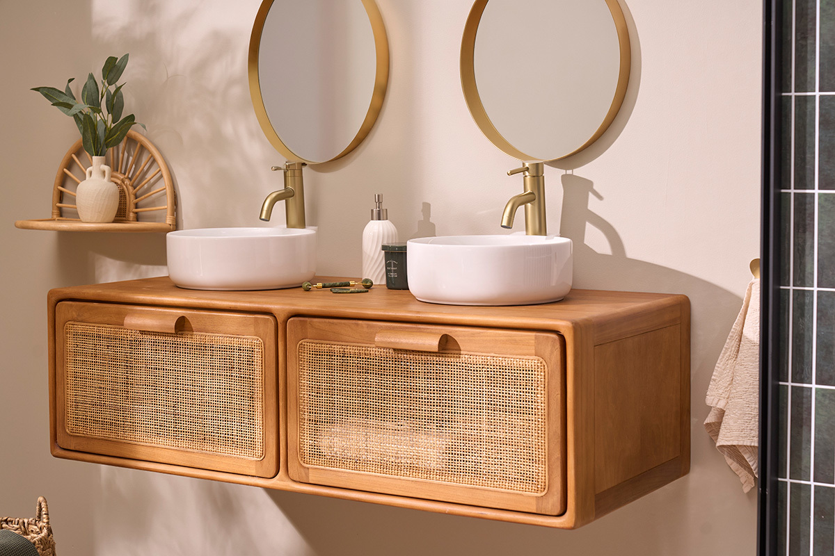 Meuble de salle de bain suspendu en bois teck massif et cannage rotin L120 cm BALIA