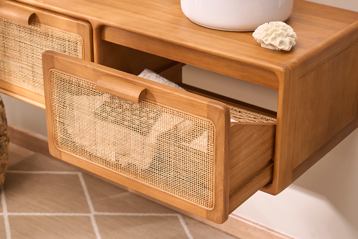 Meuble de salle de bain suspendu en bois teck massif et cannage rotin L120 cm BALIA