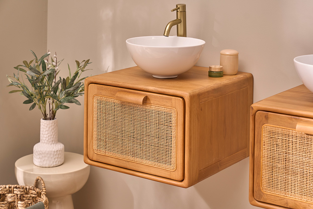 Meuble de salle de bain suspendu en bois teck massif et cannage rotin L50 cm BALIA