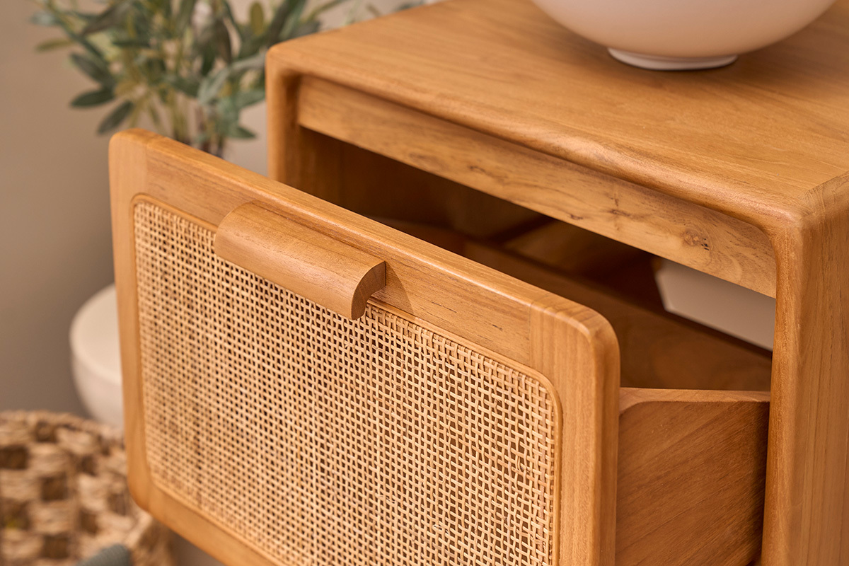 Meuble de salle de bain suspendu en bois teck massif et cannage rotin L50 cm BALIA
