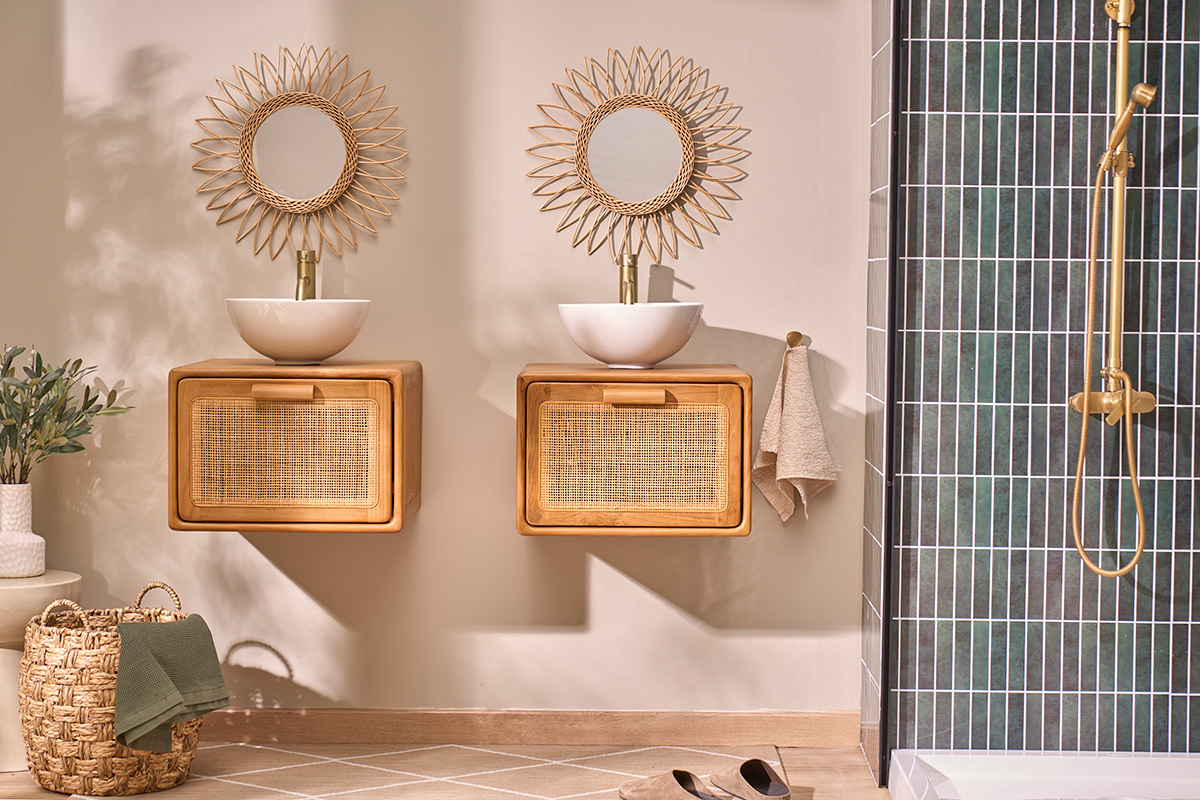 Meuble de salle de bain suspendu en bois teck massif et cannage rotin L50 cm BALIA