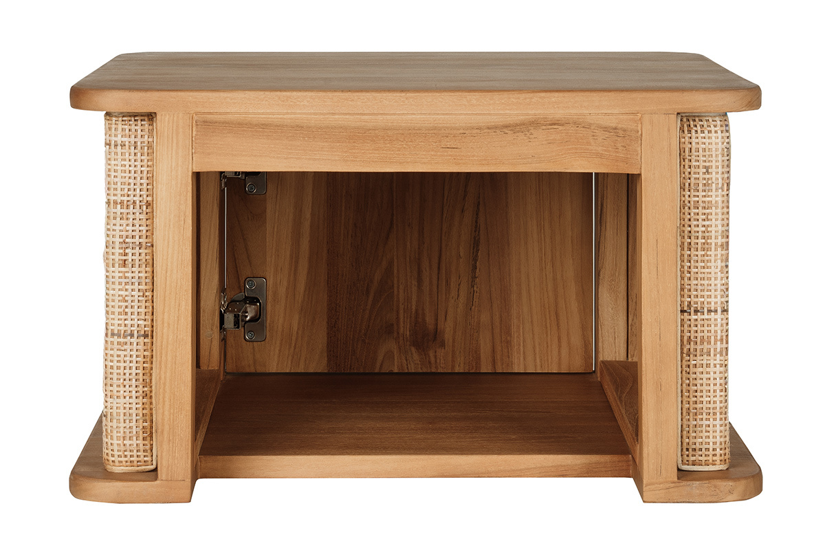 Meuble de salle de bain suspendu en bois teck massif et cannage rotin L60 cm SOLEA