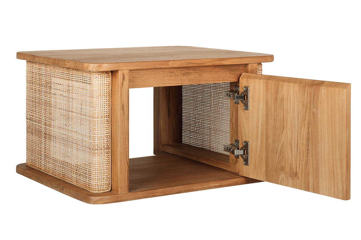 Meuble de salle de bain suspendu en bois teck massif et cannage rotin L60 cm SOLEA