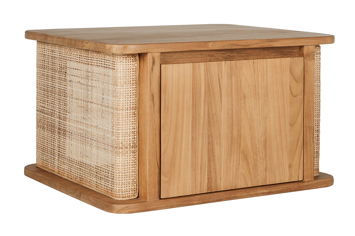 Meuble de salle de bain suspendu en bois teck massif et cannage rotin L60 cm SOLEA