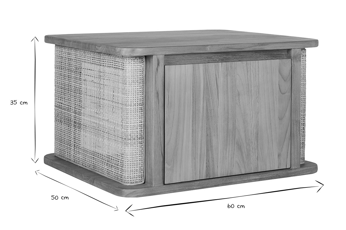 Meuble de salle de bain suspendu en bois teck massif et cannage rotin L60 cm SOLEA