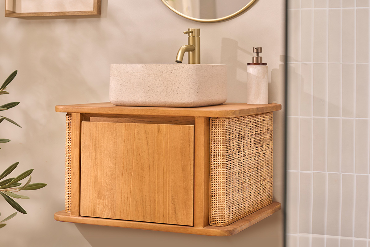 Meuble de salle de bain suspendu en bois teck massif et cannage rotin L60 cm SOLEA