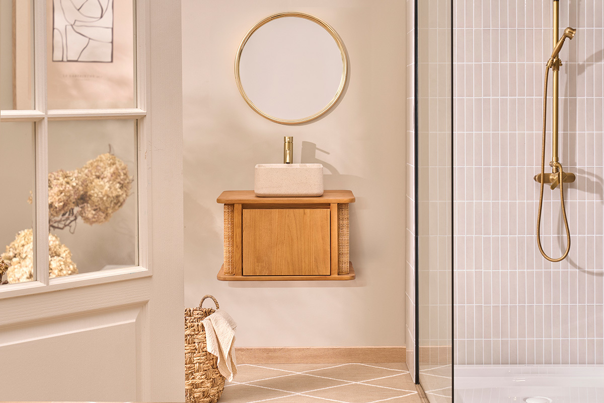 Meuble de salle de bain suspendu en bois teck massif et cannage rotin L60 cm SOLEA