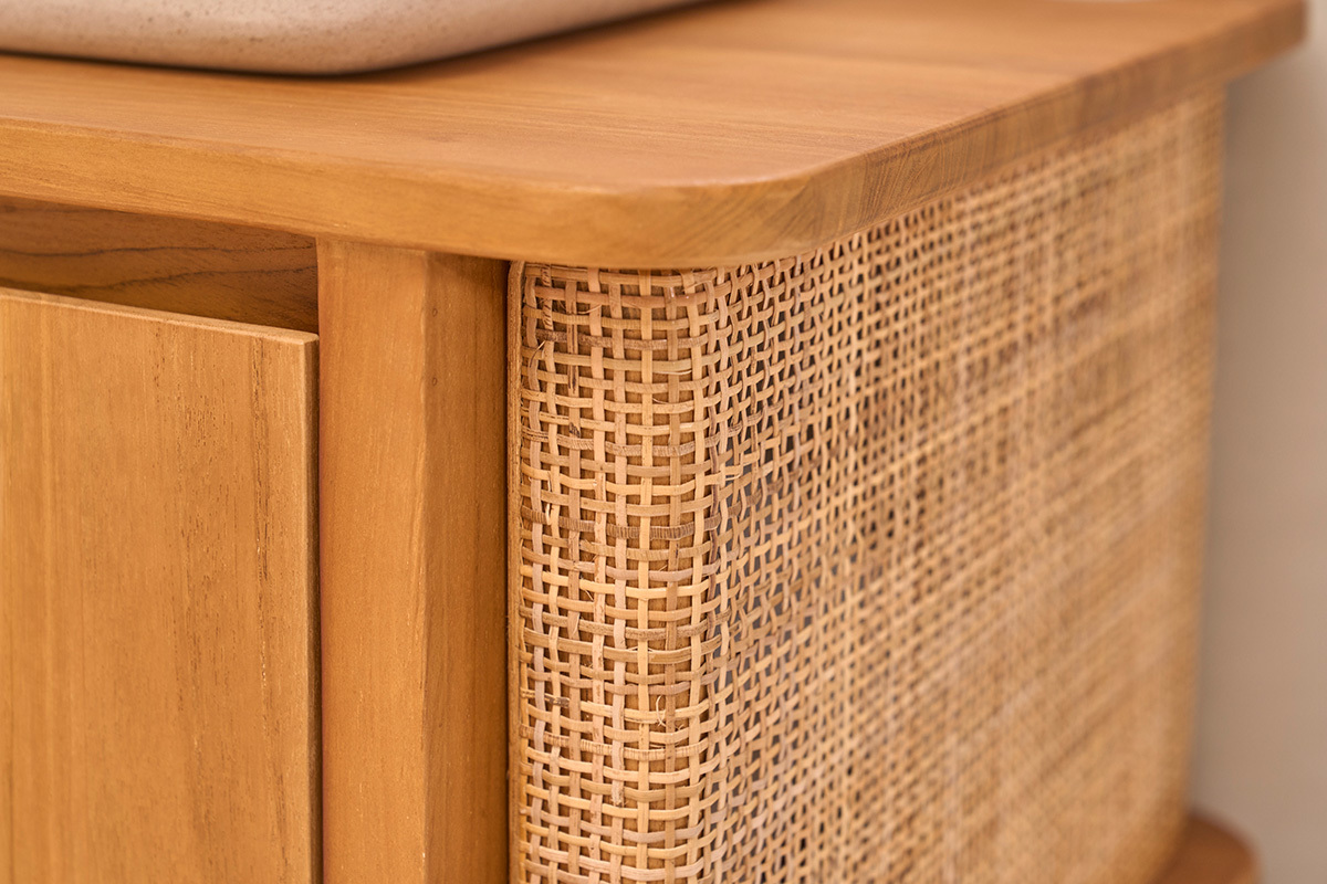 Meuble de salle de bain suspendu en bois teck massif et cannage rotin L60 cm SOLEA