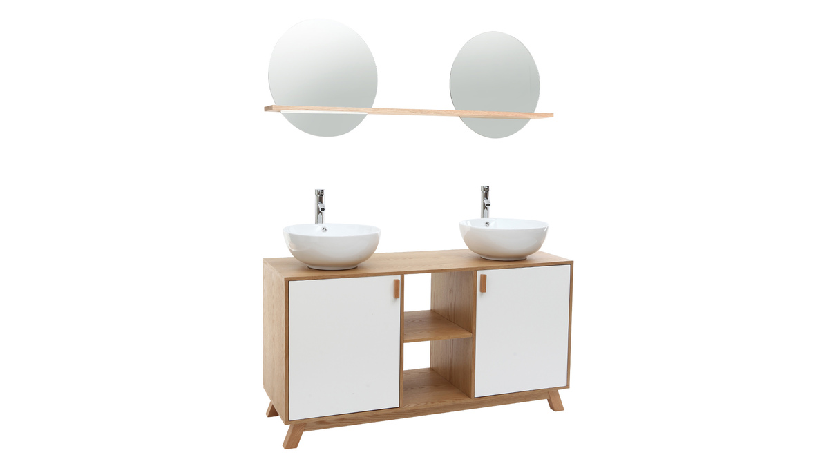Meuble de salle de bains avec double vasque, rangements et miroir chne et blanc TOTEM