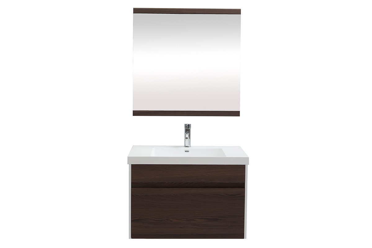 Meuble de salle de bains avec vasque, miroir et rangements blanc et bois fonc GANFO