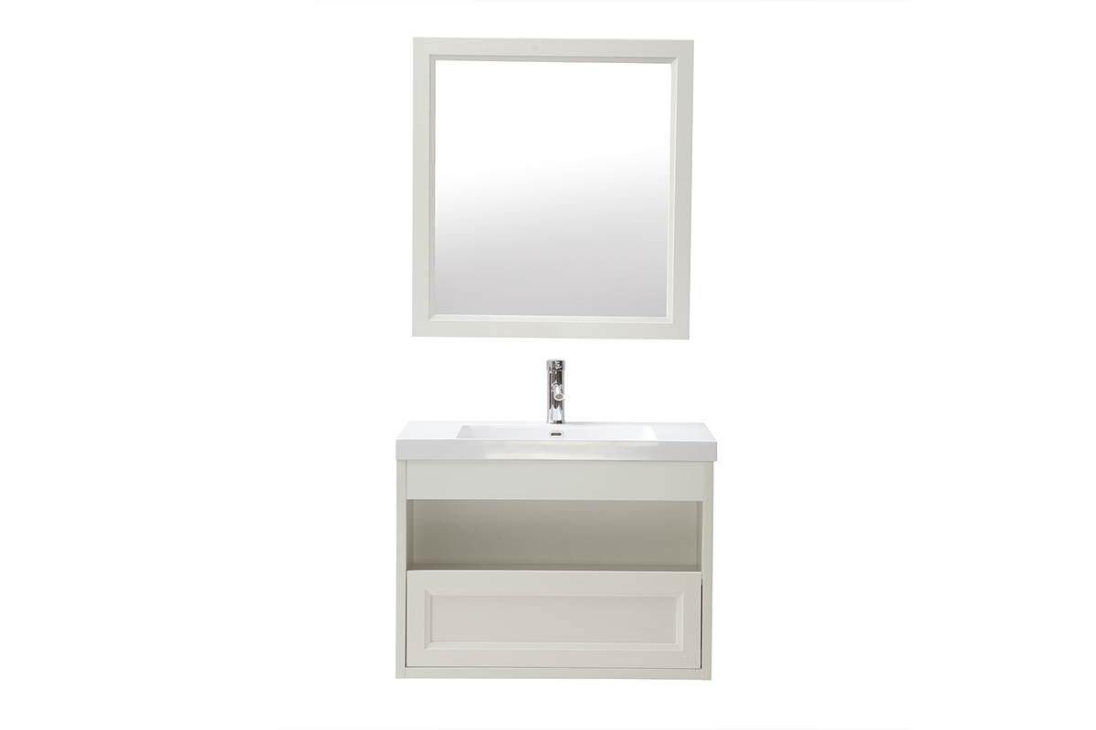 Meuble de salle de bains suspendu avec vasque, miroir et rangement blanc RIVER