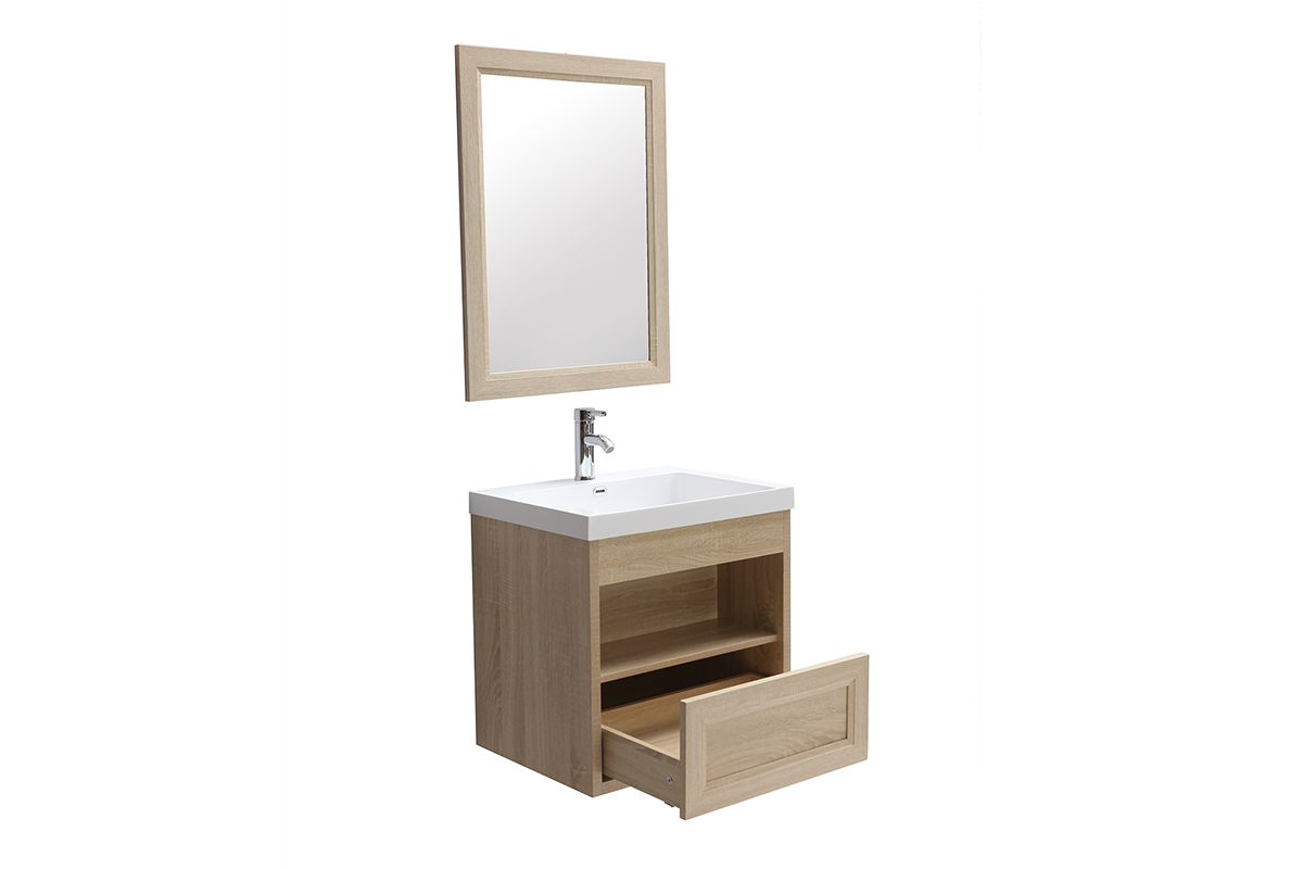 Meuble de salle de bains suspendu avec vasque, miroir et rangement bois RIVER