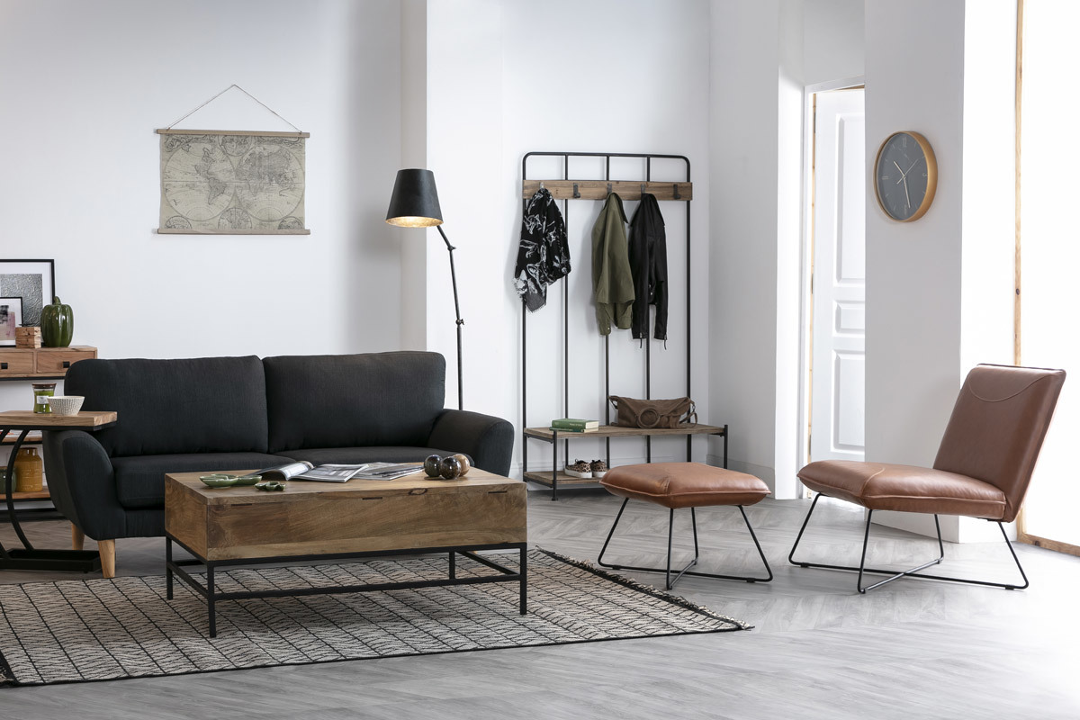 Meuble d'entr�e avec banc et porte-manteau bois et m�tal GIRO