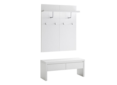 Meuble d'entrée blanc laqué avec banc 2 tiroirs et étagère porte-manteau WELCOME - Meuble d'entrée blanc laqué avec banc 2 tiroirs et étagère porte-manteau WELCOME