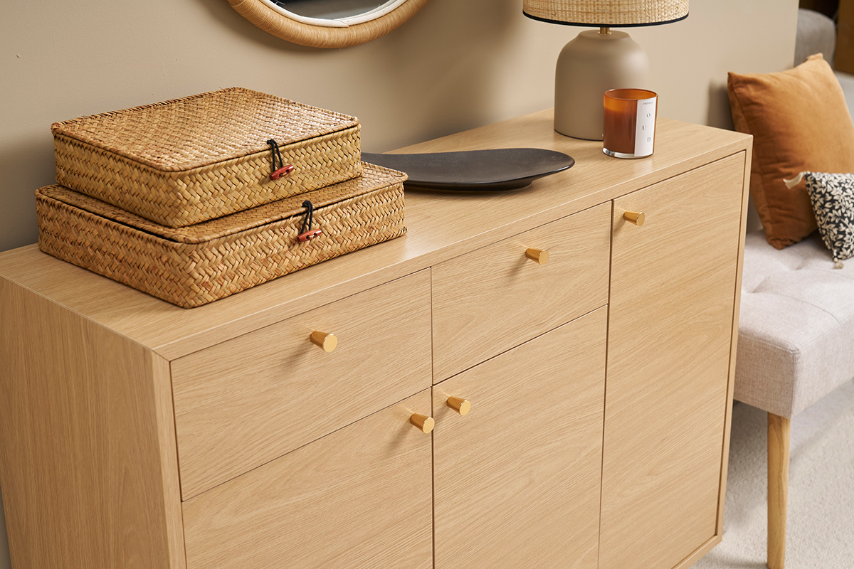 Meuble d'entre -  meuble de rangements  chaussures finition bois clair chne et mtal dor L110 cm SILVESTRE