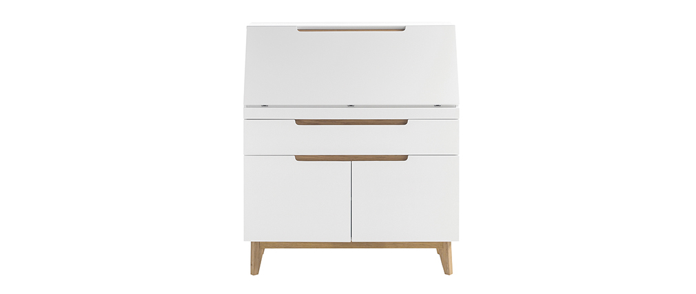 Meuble secr�taire scandinave blanc mat et bois SKIVE
