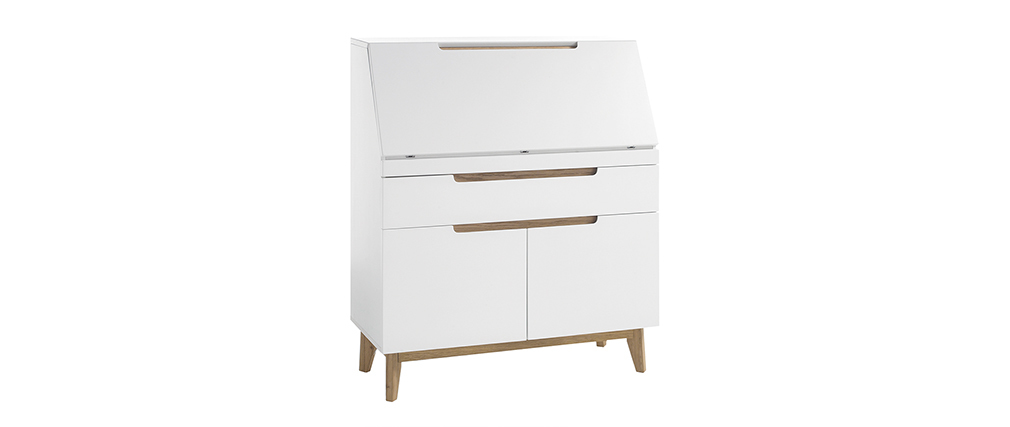 Meuble secr�taire scandinave blanc mat et bois SKIVE