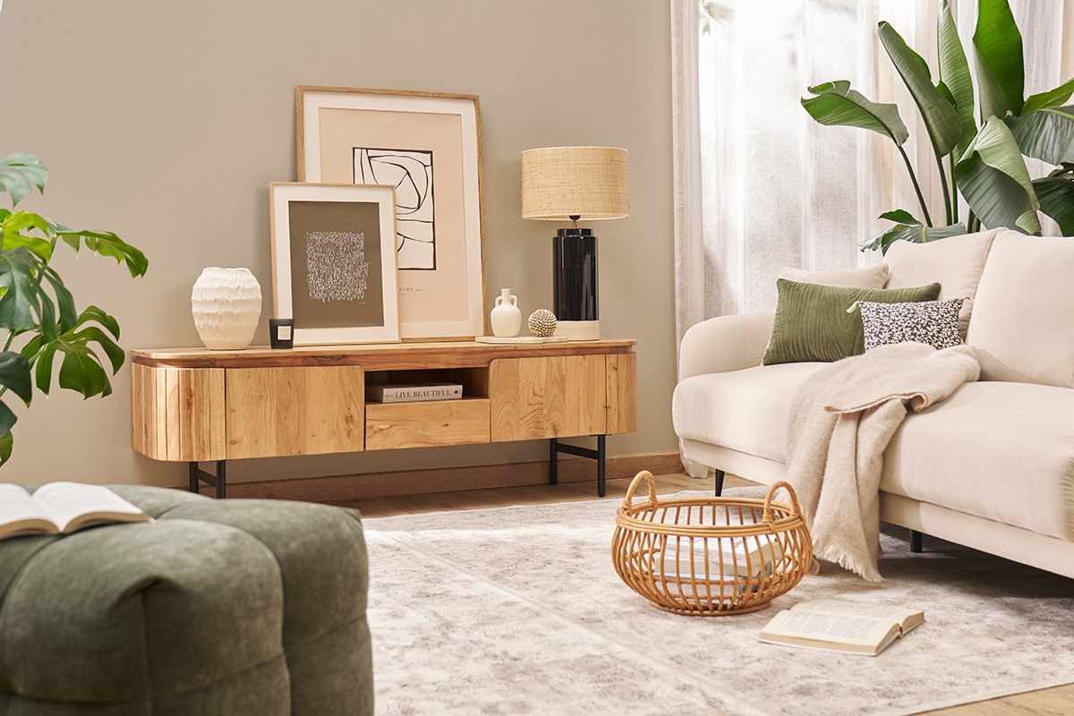 Meuble TV avec rangements en bois massif et mtal noir L160 cm NAPOLI