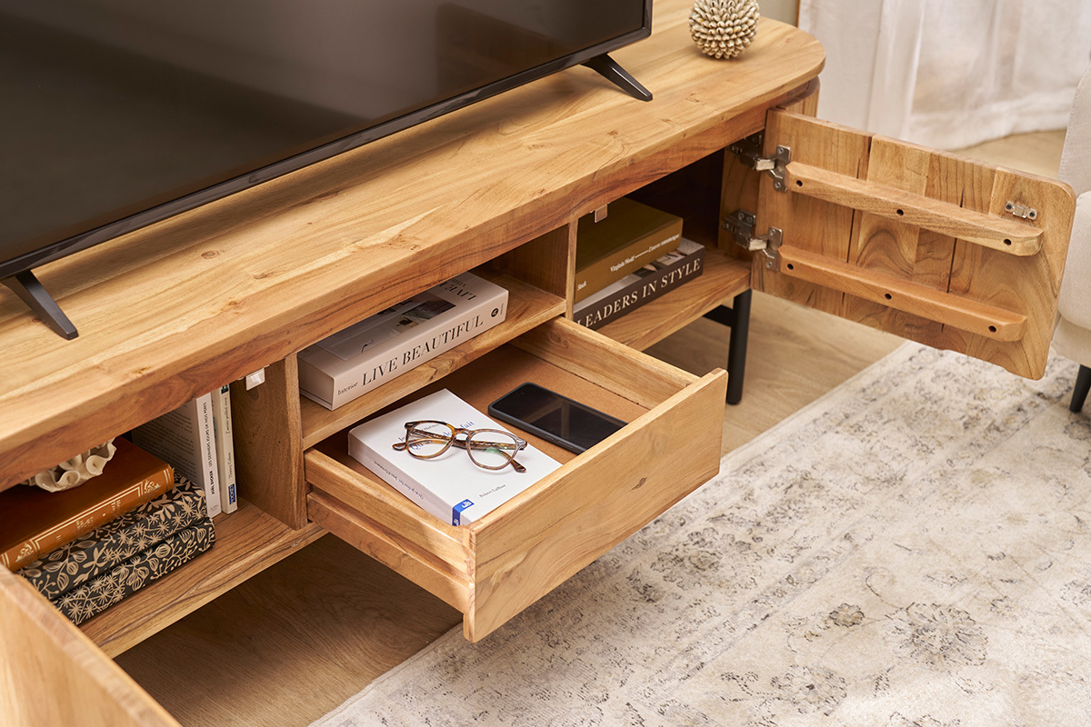 Meuble TV avec rangements en bois massif et mtal noir L160 cm NAPOLI