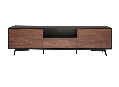 Meuble TV bois foncé noyer, noir mat et métal noir 2 portes 1 tiroir L160 cm MERMOZ