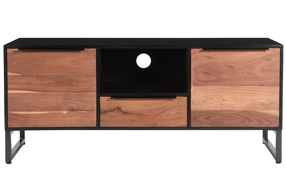 Meuble TV bois massif et mtal noir avec rangements L130 cm BARNEY