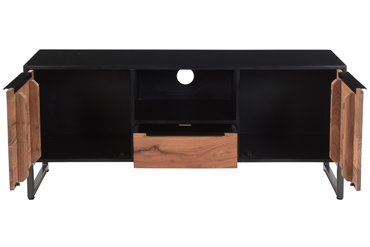 Meuble TV bois massif et mtal noir avec rangements L130 cm BARNEY