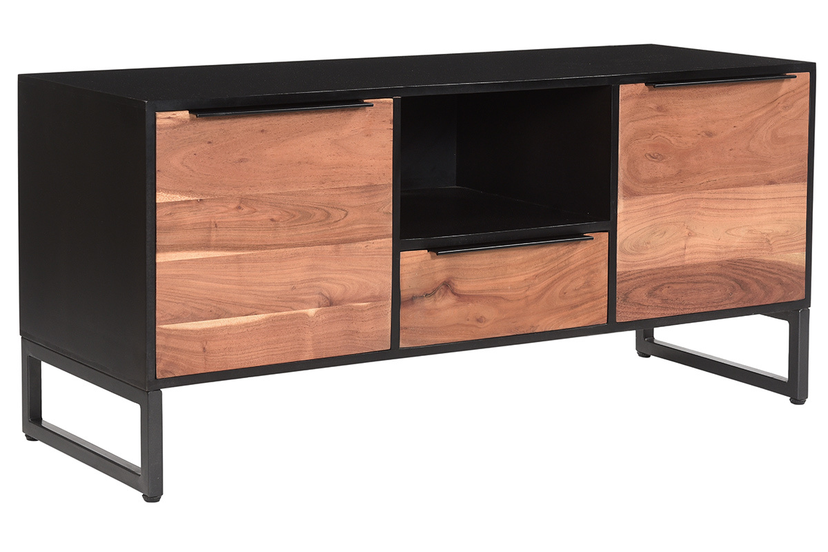Meuble TV bois massif et mtal noir avec rangements L130 cm BARNEY