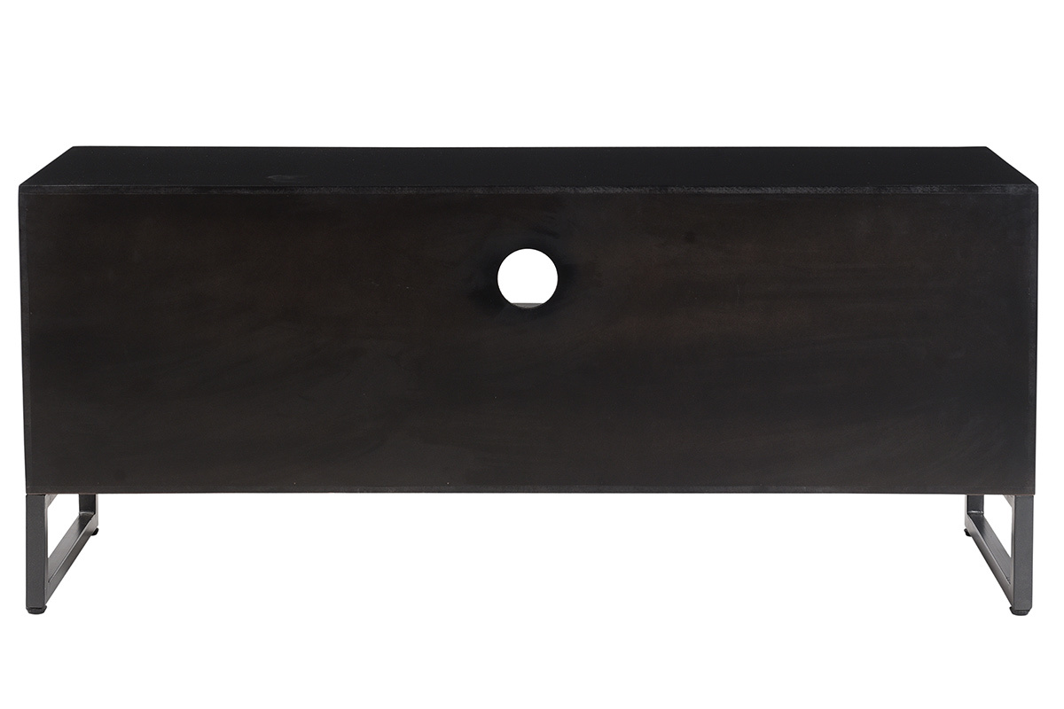 Meuble TV bois massif et mtal noir avec rangements L130 cm BARNEY
