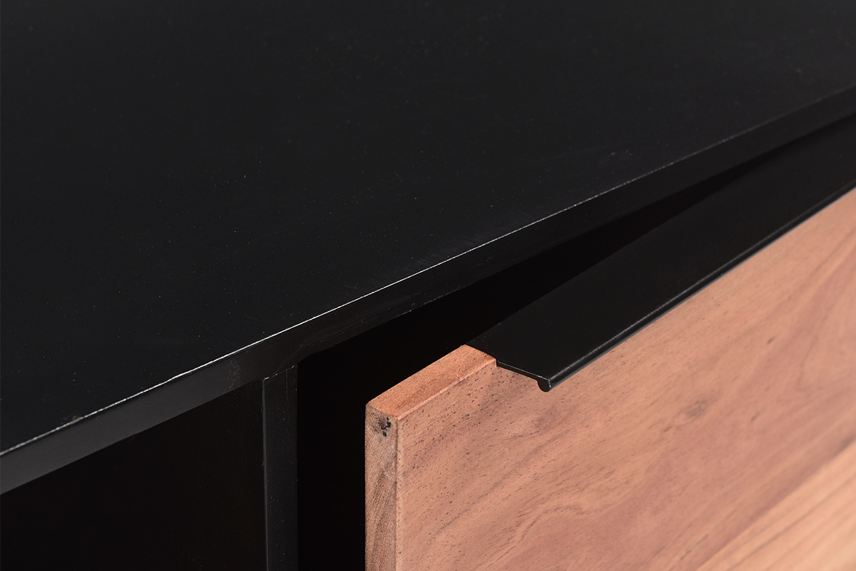 Meuble TV bois massif et mtal noir avec rangements L130 cm BARNEY