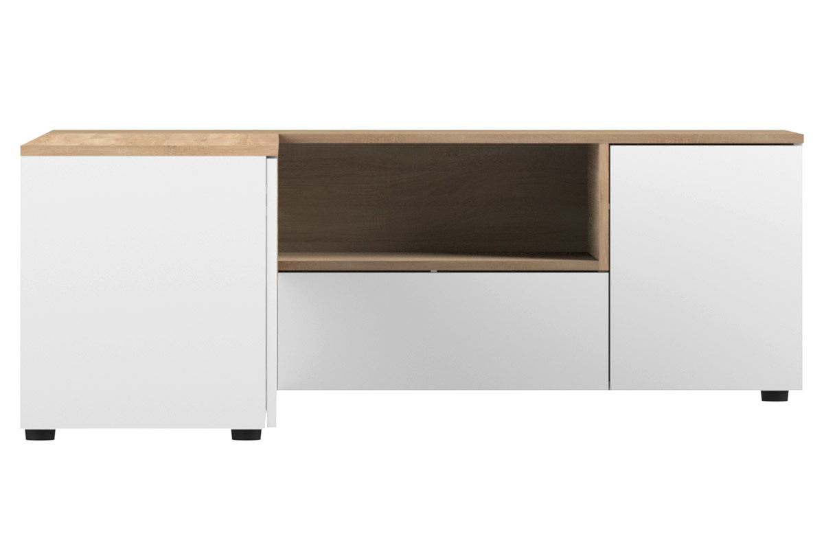 Meuble TV d'angle design bois et blanc QUADRA