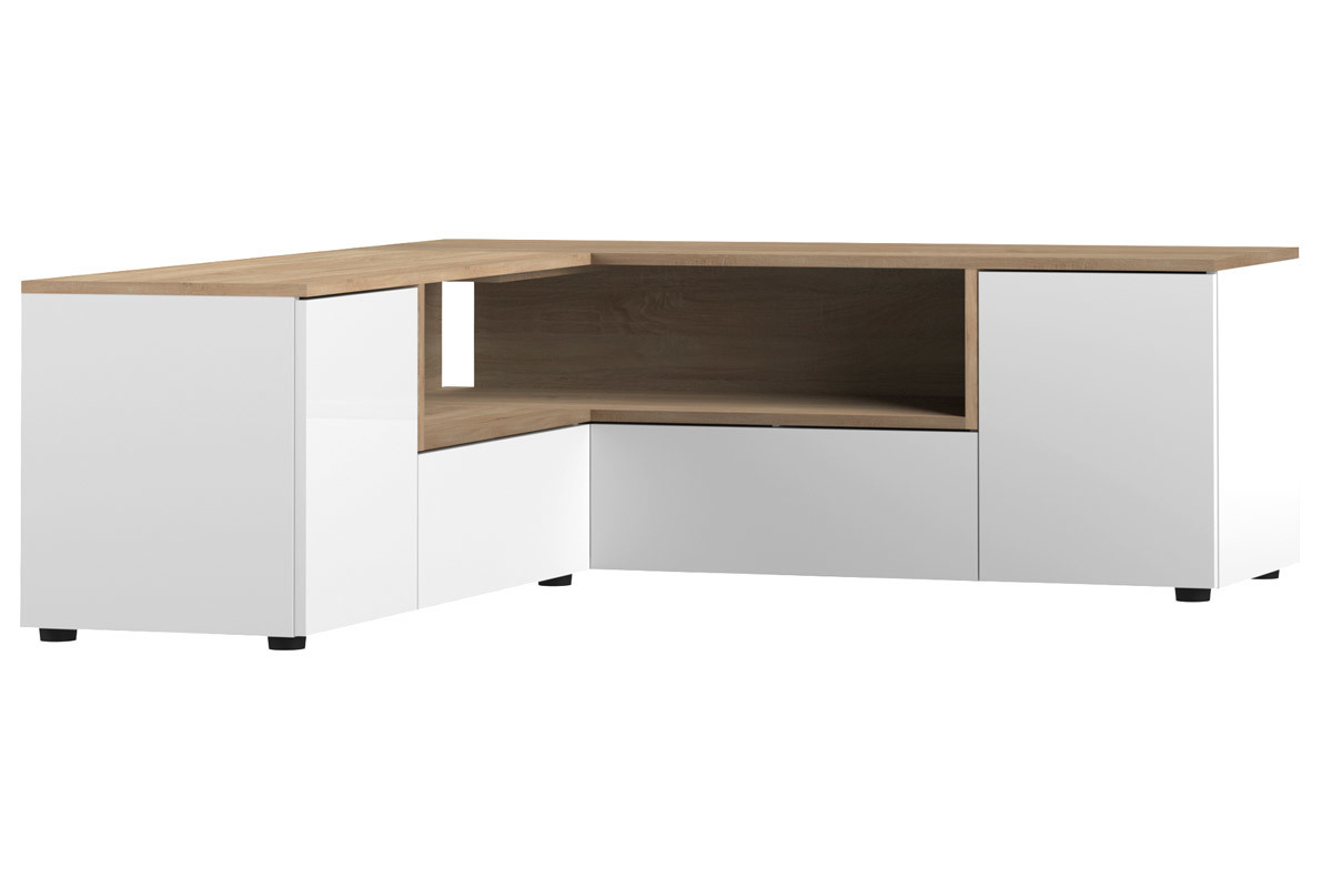 Meuble TV d'angle design bois et blanc QUADRA