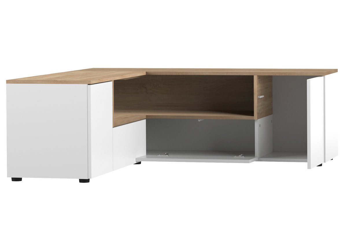 Meuble TV d'angle design bois et blanc QUADRA