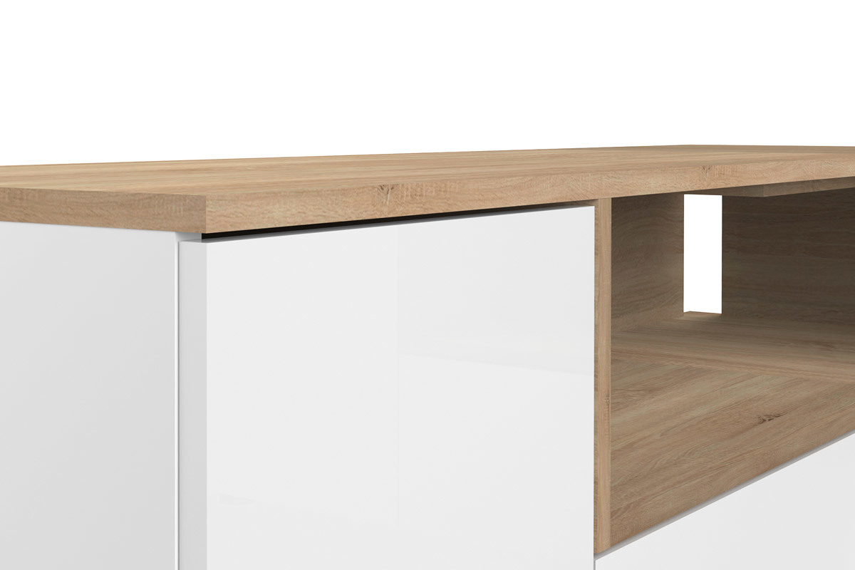 Meuble TV d'angle design bois et blanc QUADRA